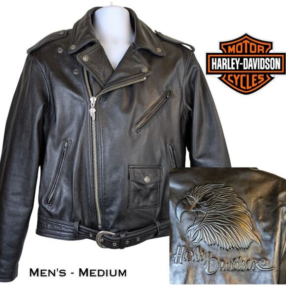Harley Davidson Leather Jacket Mens Black Medium Eagle Embossed Back Moto Biker - Picture 1 of 13